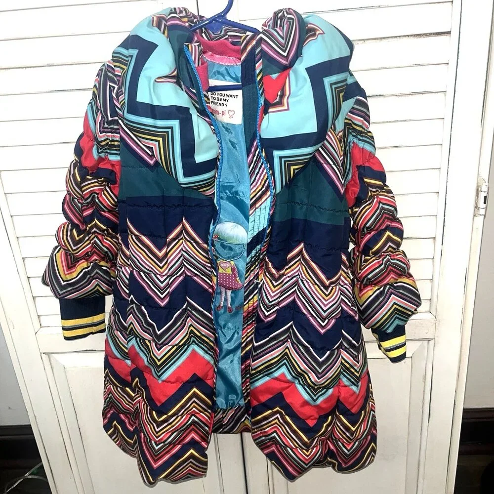 Mim Pi stretch puffer belted coat girls size 4 chevron - Picture 3 of 13